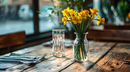 Poster - Closeup of a small glass vase holding fresh yellow daffodil flowers placed on a clean wooden dining table with elegant cutlery and tableware  The simple natural arrangement creates a serene