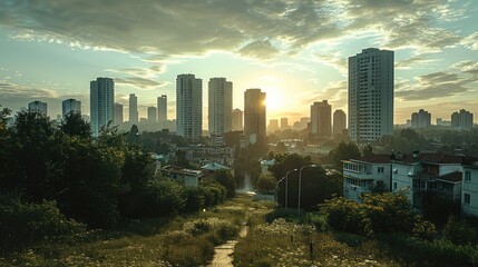 Poster - A suburban cityscape, some skyscrapers in the back.