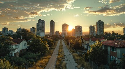 Poster - A suburban cityscape, some skyscrapers in the back.
