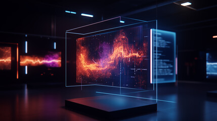 Poster - Futuristic digital display showcasing vibrant data visualizations in a modern technological setting