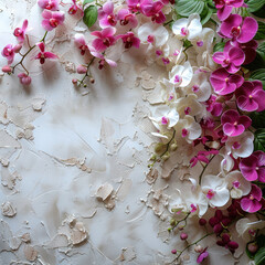 Poster - White wall with fuchsia and white orchids.