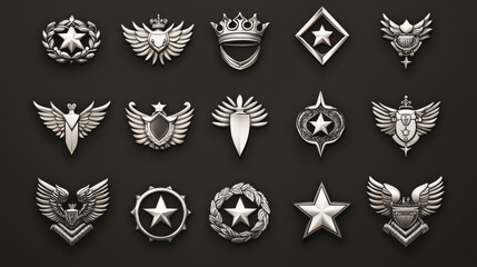 Poster - Game level icons, silver medals, stars, ui badges with wings, laurel and crown. Isolated award trophy for user experience and ranking. Bonus, reward, achievement and prize vector illustration, set
