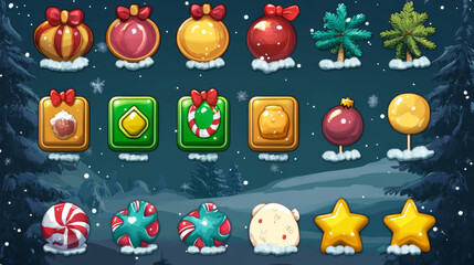 Poster - Christmas game ui button and frame winter element. Candy and cookie play interface gui badge cartoon. Level bar, board and holiday shop panel icon set. Loading and progress signboard web template