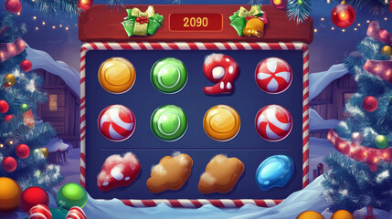 Poster - Christmas game ui button and frame winter element. Candy and cookie play interface gui badge cartoon. Level bar, board and holiday shop panel icon set. Loading and progress signboard web template