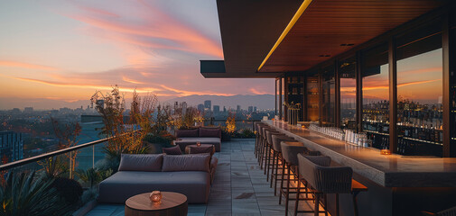 Wall Mural - A rooftop bar, late afternoon, cozy atmosphere, and city light in the background.