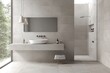 © khanii2 - A minimalist contemporary bathroom featuring light gray walls, a wall-mounted sink, and large-format tiles for a spacious effect.