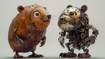 Poster - Robots animals robotics mechanical monsters. Cyborgs pets hare, beaver, owl, boar and bear. Cartoon artificial intelligence mechanical and electronic characters, machine personages isolated vector set