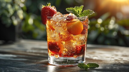 Poster - A beautiful crafted iced tea drink with a garnish of fresh fruit and mint, placed on a cafe table with sunlight shining on the glass.