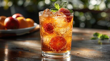 Poster - A beautiful crafted iced tea drink with a garnish of fresh fruit and mint, placed on a cafe table with sunlight shining on the glass.