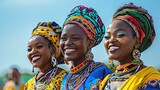 A dance group of four black South African people dressed in colorful traditional clothes with happy smiling facial expression in front of blue sky background.