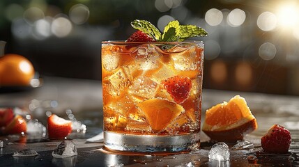 Poster - A beautiful crafted iced tea drink with a garnish of fresh fruit and mint, placed on a cafe table with sunlight shining on the glass.