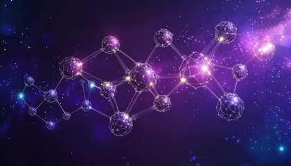 Poster - molecular structure, purple blue galaxy background, science, chemistry, and laboratory research.