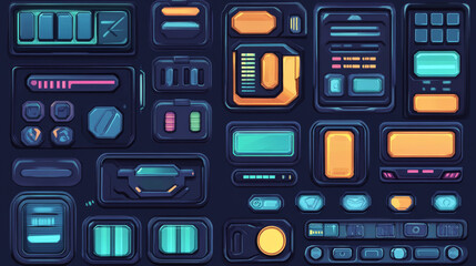 Poster - Game frames and buttons in sci fi style. Menu, game assets and design elements for user interface. Vector cartoon set of futuristic panels, health, money and energy bars