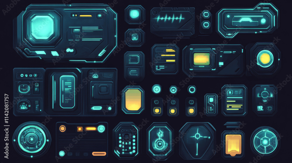 Game frames and buttons in sci fi style. Menu, game assets and design ...