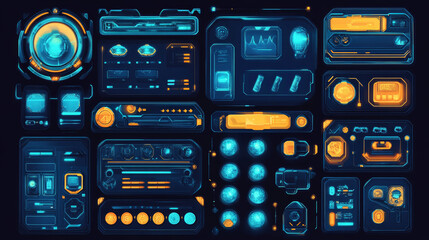 Poster - Game frames and buttons in sci fi style. Menu, game assets and design elements for user interface. Vector cartoon set of futuristic panels, health, money and energy bars