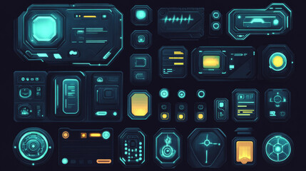 Poster - Game frames and buttons in sci fi style. Menu, game assets and design elements for user interface. Vector cartoon set of futuristic panels, health, money and energy bars