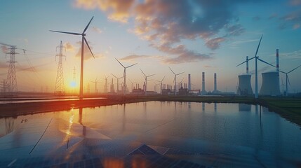 Aufkleber - Solar panels and wind turbines on the background of nuclear power plant with crane, solar energy, coal, port, wind power, green energy and sustainable development concept.