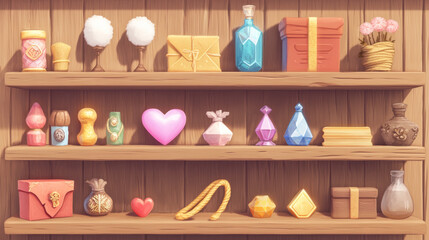 Poster - Game shop frame with assets on wooden shelves. Vector cartoon illustration of heart, gift box, diamond, golden bar, elixir bottle, cotton flower, rope, magic book icons. User interface element design