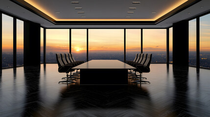 Poster - A modern conference room with a large table and sleek chairs, featuring expansive windows showcasing a stunning sunset view