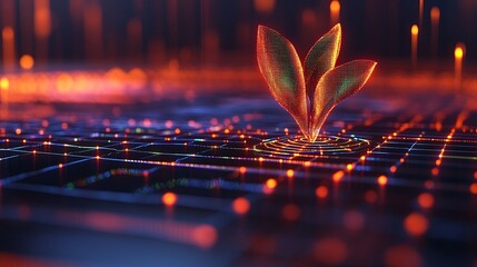Poster - Digital Plant Growth Representation with Futuristic Technology Visualization on a Dark Background