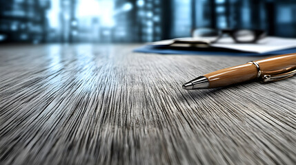 Aufkleber - A sleek pen rests on a wooden desk, with blurred city lights and glasses in the background, creating a professional ambiance