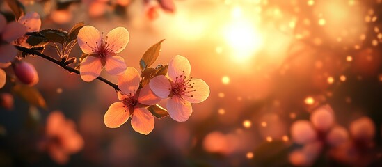 Sunset illuminates delicate pink blossoms on a tree branch.