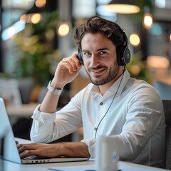 Poster - A man is sitting at his desk in an office, wearing headset while working on a laptop computer.