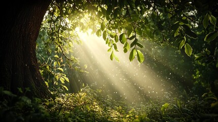 Poster - Breathtaking forest scene with sunlight filtering through the trees casting a warm glow and illuminating the moisture evaporating from the vibrant lush foliage   a natural of the process in a serene