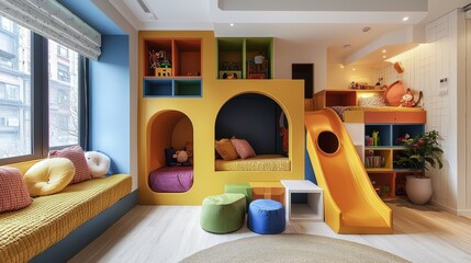 Poster - A colorful room with a yellow slide and a blue bed