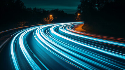 Poster - Realistic set of neon blue light lines isolated on transparent background. Vector illustration of abstract traffic speed lines, magic energy motion swirl, shiny curve trail, luminous flow vortex