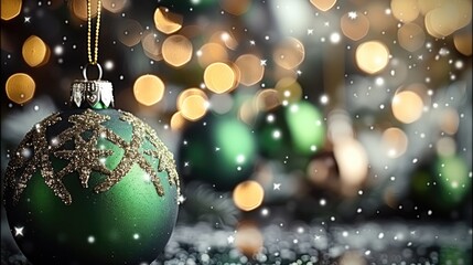 Poster - Christmas background with baubles in neon green and silver. with bokeh and gold stars background.