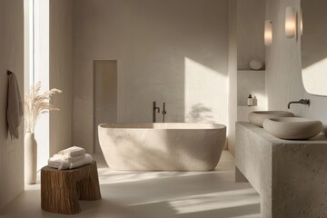 Wall Mural - A serene minimalist bathroom with soft lighting, neutral colors, and simple fixtures creating a clean and relaxing environment.