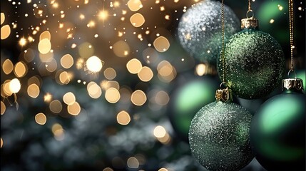 Poster - Christmas background with baubles in neon green and silver. with bokeh and gold stars background.