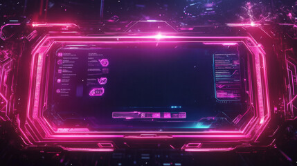 Poster - Neon stream overlay, mmo game menu, space ui frame. Streaming screen, gamer username panels and buttons. Template for esport, online live video, digital user interface glow borders, vector set
