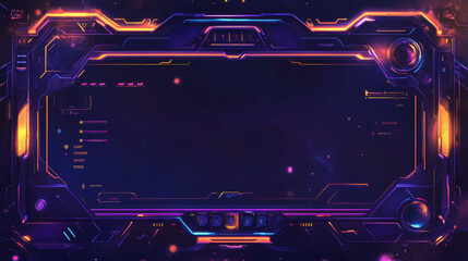 Poster - Neon stream overlay, mmo game menu, space ui frame. Streaming screen, gamer username panels and buttons. Template for esport, online live video, digital user interface glow borders, vector set