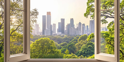 City skyline view from a window overlooking green trees