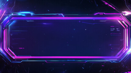 Poster - Neon stream overlay, mmo game menu, space ui frame. Streaming screen, gamer username panels and buttons. Template for esport, online live video, digital user interface glow borders, vector set