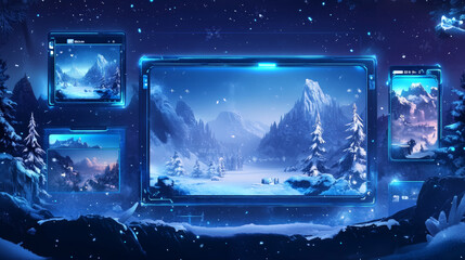 Poster - Game streaming overlay panels and buttons with ice texture and snow. Template of webcam video app design. Vector cartoon set of live stream frames in winter style for show gaming process