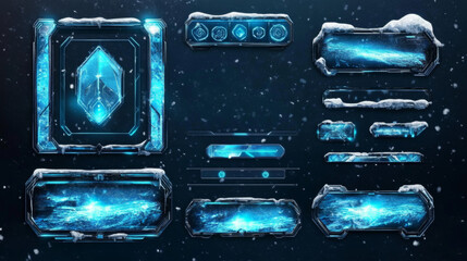 Poster - Game streaming overlay panels and buttons with ice texture and snow. Template of webcam video app design. Vector cartoon set of live stream frames in winter style for show gaming process