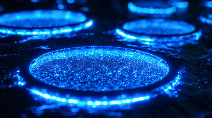 Poster - Blue neon light circles set isolated on black background. Vector realistic illustration of round frames glowing in darkness with shimmering particles, futuristic space portal, nightclub decoration