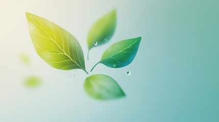 Poster - Fresh, vibrant green leaves gracefully float against a serene light blue backdrop, adorned with glistening water droplets, creating a refreshing and natural scene