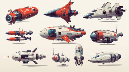 Poster - Fantasy spaceship for video game assets. Cartoon vector illustration set of alien cosmic starship with childish design. Flying futuristic or ufo shuttle for space travelling and planets exploration.
