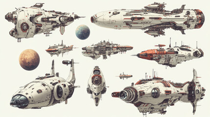 Poster - Fantasy spaceship for video game assets. Cartoon vector illustration set of alien cosmic starship with childish design. Flying futuristic or ufo shuttle for space travelling and planets exploration.