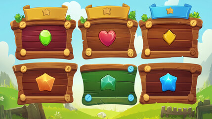 Poster - Game wooden boards with level score, victory and lose banners. Vector cartoon set of gui design elements, game screens of level win and fail with achievements and button