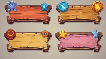 Poster - Game wooden boards with level score, victory and lose banners. Vector cartoon set of gui design elements, game screens of level win and fail with achievements and button