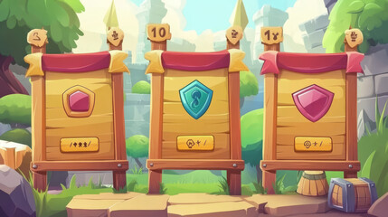 Poster - Game wooden boards with level score, victory and lose banners. Vector cartoon set of gui design elements, game screens of level win and fail with achievements and button