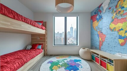Aufkleber - A bedroom with a large map on the wall