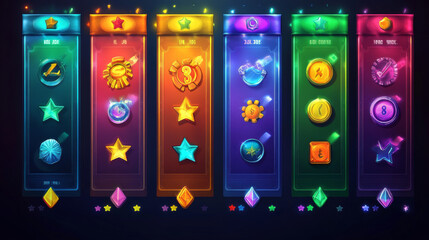 Poster - Game boards with level score, win and lose banners for ui interface. Vector cartoon set of colored panels with level achievements, score, gold stars, coins and buttons