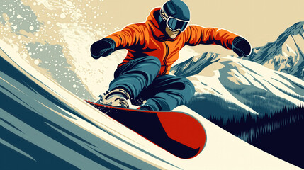 Wall Mural - snowboarder on a ski slope, skiing on ski resort, perfect ski resort, minimalist flat illustration, vector art poster, ski poster, Ultra-high resolution