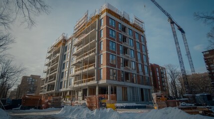 Wall Mural - Modern urban apartment construction site with scaffolding